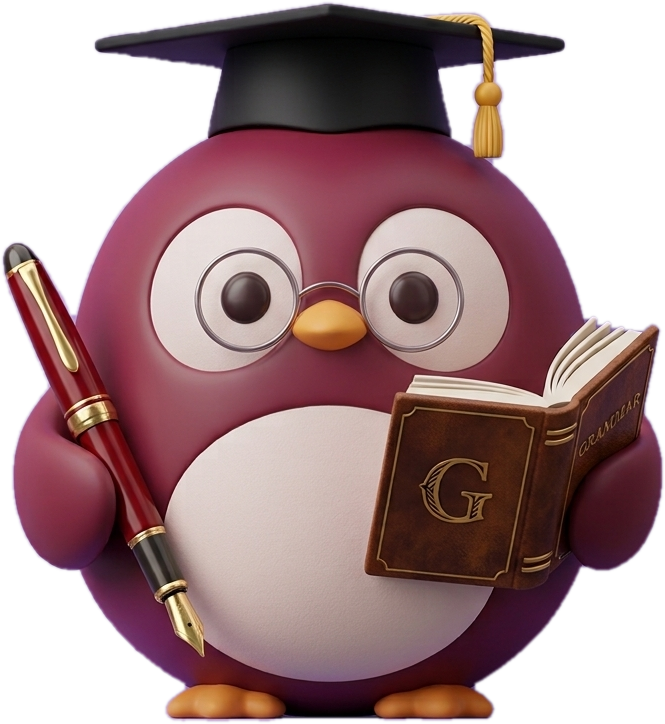 Quill, the Grammar Gate penguin, holding a flask of bubbling green liquid